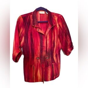 Chicos Womens Red & Orange Abstract Print Linen Blend Jacket Size 2 (large or12)